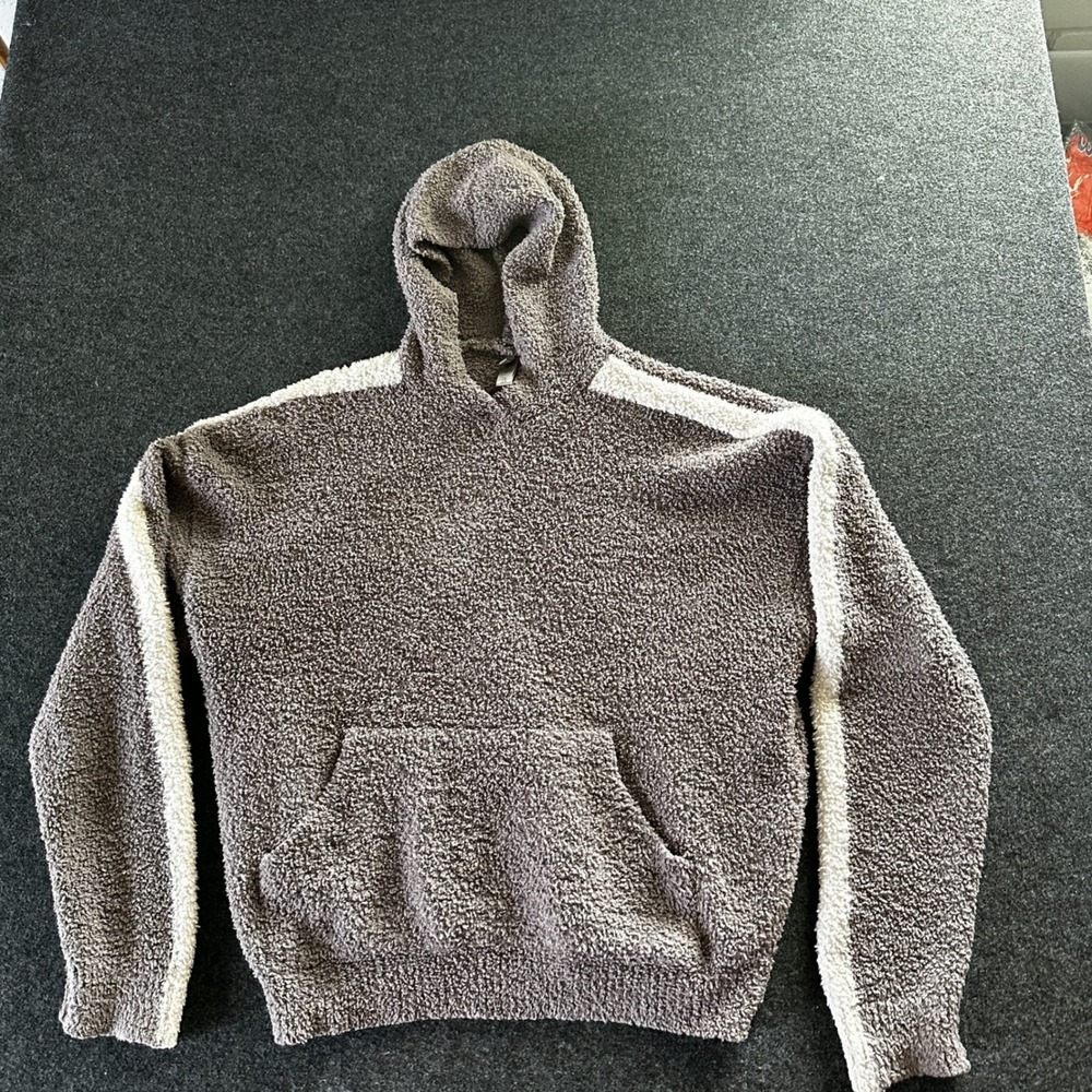 SKIMS Cozy Knit Hoodie S/M Charcoal Grey White Stripe Boucle Pullover Sweater